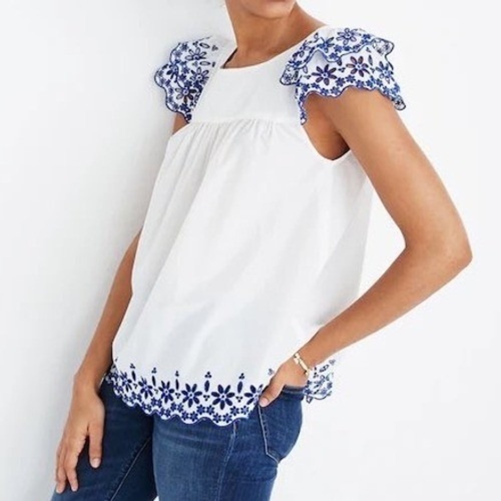 Madewell Eyelet Flutter Sleeve Top White Blue Floral Embroidered Blouse G7635